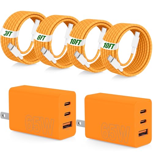 Image of 65W Super Fast Charger Type C for Samsung,3 Port 100W Quick Charging 3.0 USB C Block & 3 /6 /10 /10FT Braided Type C Cord for Samsung Galaxy S26 Ultra /S26 /S25 Ultra /MacBook Air /iPhone 17 18 Pro-Orange