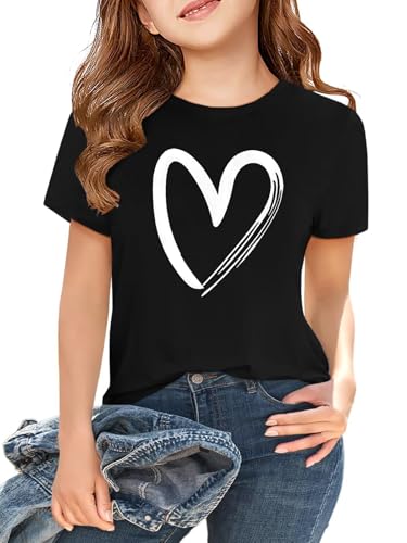 Recopilación de Camisetas de manga corta para Niña los más solicitados. 46 ZDC - Camisetas de manga corta para niñas, cuello redondo, camisetas básicas de verano, de 5 a 14 años, Black-LOVE, 11-12 Años