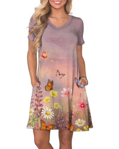 Image of COSSEN Women's Casual T Shirt Dress V-Neck Short Sleeves Swing Dresses Birthday Party Summer Travel Beach with Pocket