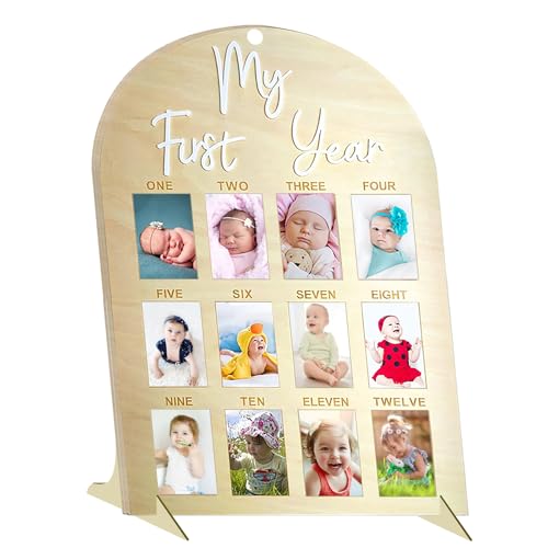 Image of OFISKY One Year Birthday Wooden Picture Frame, Baby's First Twelve Months Photo Collage and Gender Neutral Keepsake, New Mom Keepsake Gift and Nursery Decor - With Stand