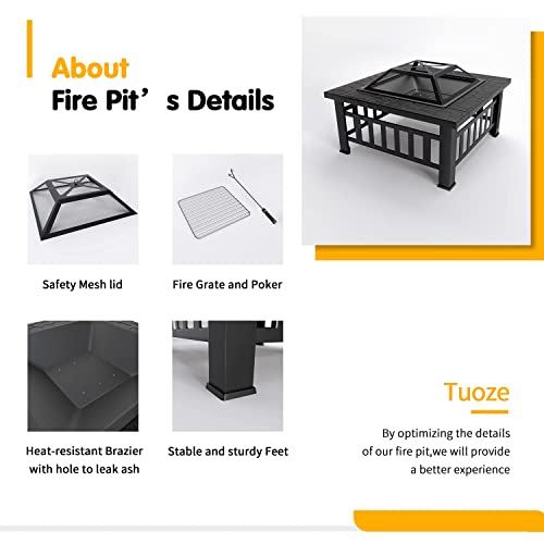 Tuoze 32-Inch Fire Pits Outdoor Patio Metal Multifunctional Firepit Table With Waterproof Cover For Camping Bonfire Party Picnic Bbq Backyard Garden Outside Heating,Black #TOP3