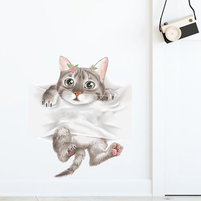 Cartoon Cute Cat Toilet Cover Sticker Decals,Animal Cats Flower Leaf Waterproof Toilet Lid Tank Seat Decals Cistern Self-Adhesive Bathroom Wall Sticker