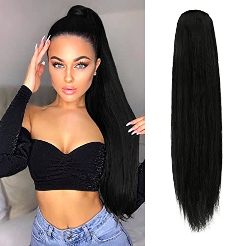 FESHFEN Pferdeschwanz Clip Extensions mit Kordelzug 70 cm Zopf Kordelzug Pferdeschwanz Haarteil Glatt Haarverlängerungen für Zopf Synthetische Drawstring Ponytail Extension, Schwarz Cover