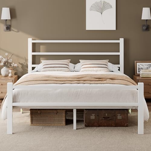 Feonase 5Ft Metal Double Bed Frame With Stylish Headboard And Footboard,Bed Frame Double Bed,Easy Assembly, Ample Under-Bed Storage Space,White