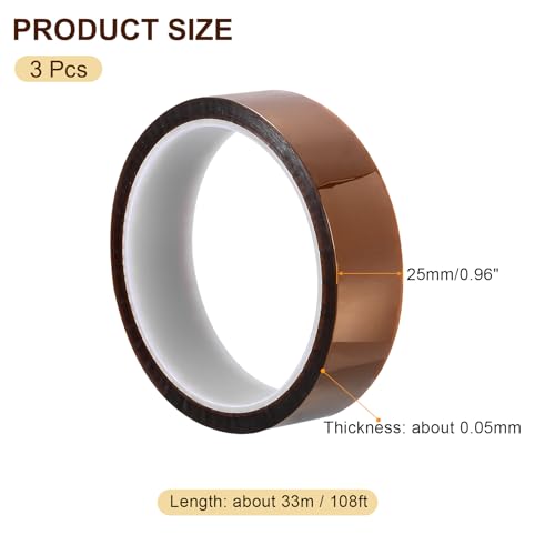 Image of uxcell Heat Resistant Tape - 3 Pcs High Temperature Heat Transfer Tape Polyimide Film Adhesive Tape 25mm x 33m(108ft)