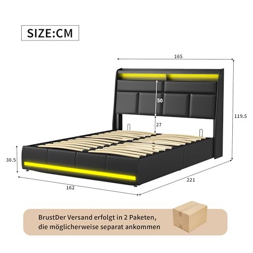JYNVO Polsterbett 160x200 cm mit Stauraum und LED Beleuchtung, Hydraulisches Stauraumbett, Doppelbett mit Kopfteil, Bett mit Lattenrost, Jugendbett, Schwarz, PU-Leder, ohne Matratze