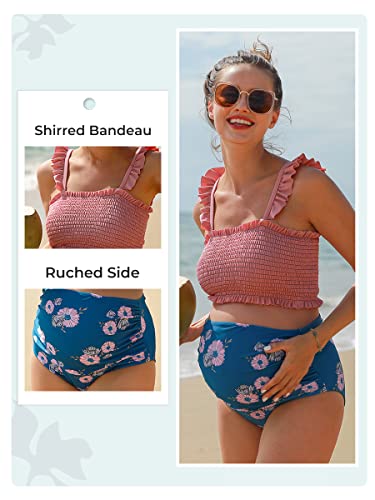 Maternity High Waist Bikini Swimsuit Two Piece Ruffled Hem Cute Floral Bathing Suit Pink M #TOP1
