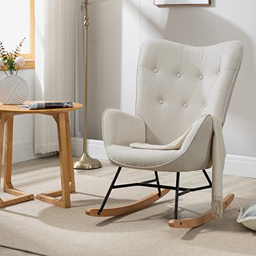 MEUBLE COSY Schaukelstuhl Sessel Schaukelsessel Stillstuhl Schwingstuhl mit Armlehnen Gepolsterter Sitzfläche für Wohnzimmer Schlafzimmer, Balkon, Stoff und Holzkufen, Bis 120 kg Belastbar, Beige