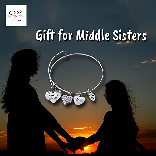 Image of Infinity Collection Sister Bracelet, Middle Sister Expandable Wire Bangle Bracelet - Pendant with Love, Heart, Leaf Charm Bangle
