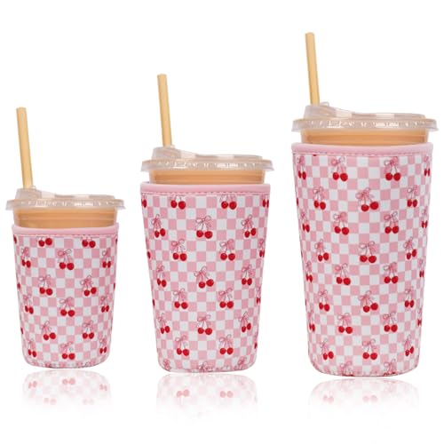 Image of Reusable Insulated Neoprene Iced Coffee Cup Sleeve, Durable Drink Sleeve for Cold Beverages, Beverage Holder for Iced Coffee (Sweet Cherry)