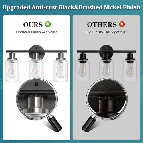Image of Unicozin Modern Bathroom Light Fixtures, 3 Light Vanity Lights, Black and Brushed Nickel Wall Lamp with Clear Glass for Bathroom, Mirror, Living Room, Bedroom, Hallway, E26 Base