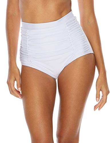 Ocean Blues Women's White High Waisted Bikini Bottoms Tummy Control Swimwear Ruched Beach Briefs Size Medium