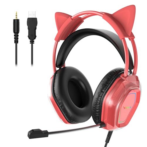 Casque de jeu avec oreilles de chat Wantak rouge léger compatible PS5 PC