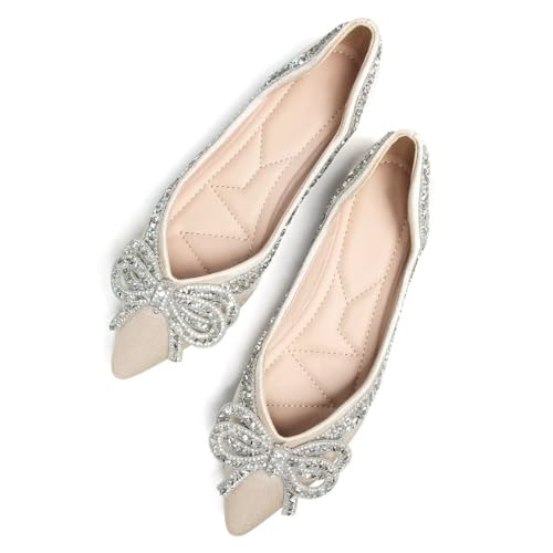 Women's Slip on Flats,Fashion Classic Pointed Toe Solid Pearl Bow Women's Flats, Gentle Shallow Rhinestone Satin Upper Soft Comfortable Flat Shoes3