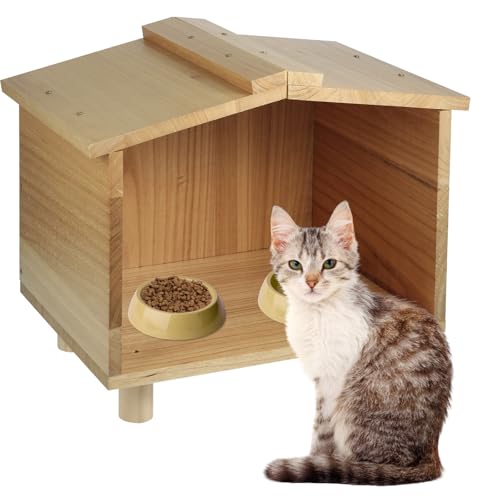 Outdoor Cat Feeding Station, Waterproof Wooden Cat House Outdoor Cat Feeder Feeding Animals Outdoor Cat Shelter for Food and Water Outdoor Kitty Dining Room for Cats Dogs Squirrels