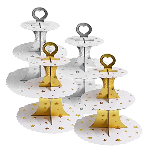 Young Wolf 4 Pack 3-Tier Round Cardboard Cupcake Stand Cupcake Holder Dessert Tower for 24 Cupcakes Suitable for Wedding Birthday Baby Shower and Festival Party (Star Moon)
