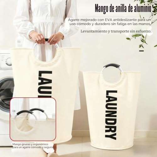 Miniatura 5 de Cesta Grande Para La Ropa Sucia De 90 L Con Asas Acolchadas, Bolsa De Lavandería Plegable, Cesta De Ropa Alta Independiente, Cubo De Lavado Plegable, Color Blanco