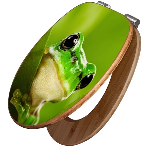 banjado Design WC Sitz Bambus Absenkautomatik 45,8x37,5cm - Toilettendeckel mit Absenkautomatik Holz - hochwertiger Bambus Klodeckel - WC-Sitz für gängigen Toiletten - Motiv Frosch