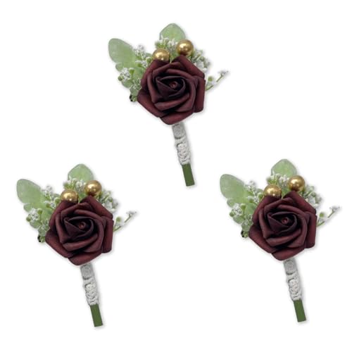 S&W SHLAX&WING Lot de 3 boutonnières en forme de feuilles vertes roses pour homme avec épingles, décorations de fête de mariage, bal de fin d'année, costume