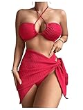 Milumia Women's 3 Piece Bikini Set Textured Crisscross Halter Swimsuits with Cover Up Skirt Red Small