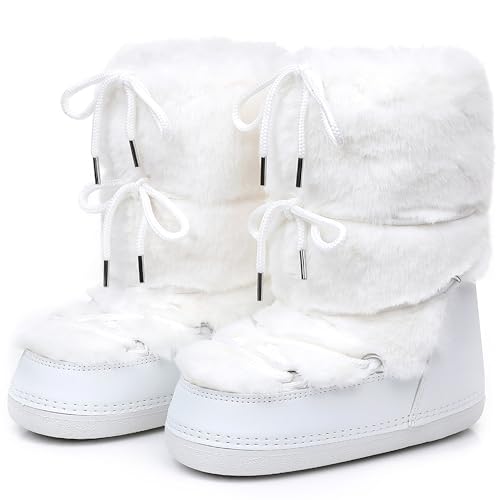 ZHENAIYISHENG Faux Fur Boots for Women - Fuzzy Fluffy Furry Water Resistant Snow Boots for Women - Anti-Slip with Cotton Sponge Lined and TPR Rubber Sole Black White Fur Boots white 8 9
