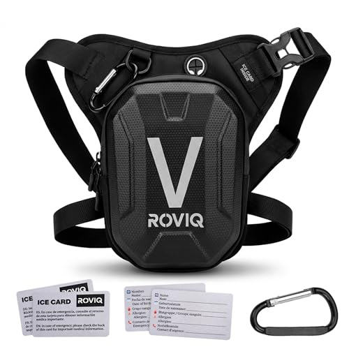 ROVIQ Pernera Moto Unisex, Bolsa Pierna Moto expandible 10-16 cm con 2 Compartimentos, Frontal EVA/PU semirrígido, Bolsillo Ice Card, 2 Ice Cards y mosquetón - Accesorios Moto