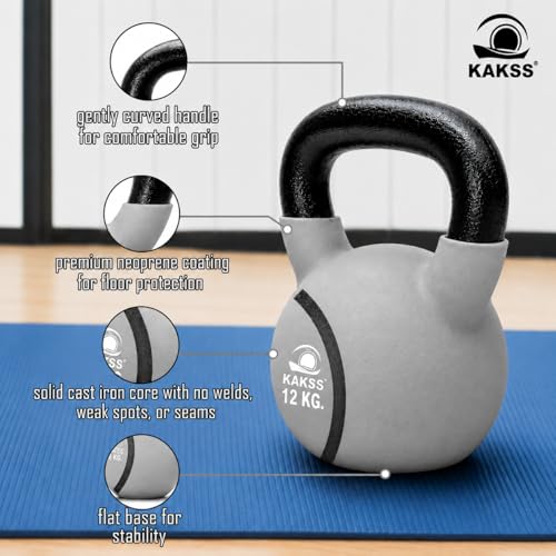 Image of Kakss Half Coating Neoprene Kettlebell (2kg to 40kg)(Proudly Made in India) (12kg, Grey)
