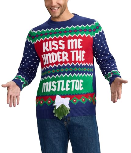 Tipsy Elves Men's Ugly Christmas Sweaters - Funny Christmas Sweaters for Men - Fun Holiday Pullovers - Navy Blue Kiss Under the Mistletoe Size - Medium