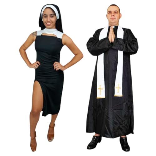 Fantasia de Casal Religioso Padre Diácono e Freira Noviça Rebelde Irmã Festa Carnaval Bloquinho Zumbi Halloween Terror (G)