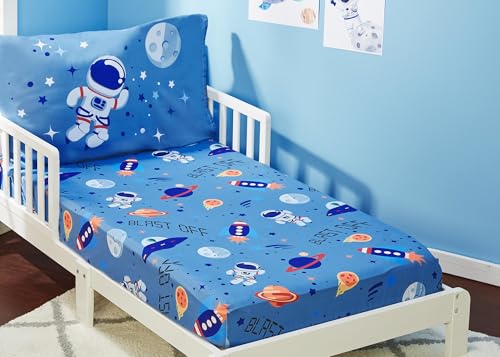 Everyday Kids Toddler Fitted Sheet and Pillowcase Set - Outer Space Adventures - Soft Breathable Microfiber Toddler Sheet Set