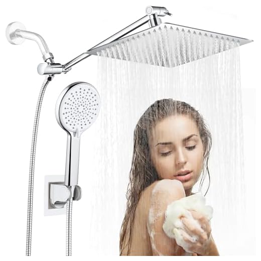 Luxsego High Pressure Shower Head Combo with Handheld Spray, 10'' Stainless Steel Rainfall Showerheads with 11'' Extension Arm & Leak-proof 3-way Diverter, Anti-clog Shower Wand Built-in Power Washer
