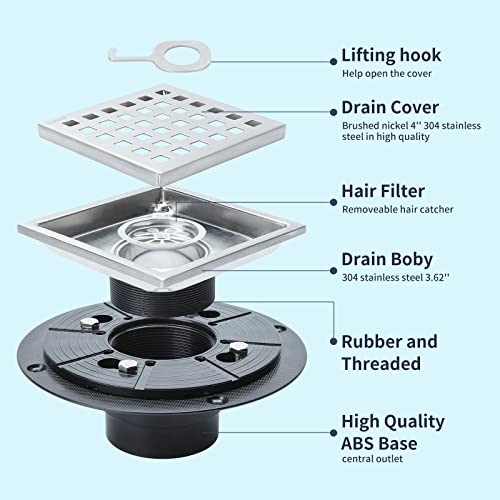 Starensky 4’’ Square Shower Drain Floor Drain Cover Bathtub Hair Catcher Kit 304 Stainless Steel Brushed Nickel #TOP1