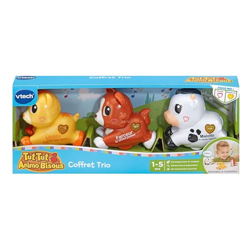 VTech - Tut Tut Animo Bisous Coffret Trio - 3 Animaux Interactifs à roulettes, Chat, Chien et Vache - Jouets Musicaux et Sonores à Collectionner - Cadeau Enfant de 1 an à 5 Ans - Contenu en Français