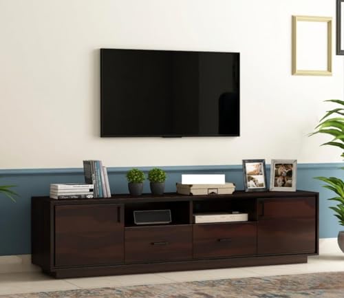 Image of Solid Wood TV Unit for Living Room 65 Inch Furniture - Wooden TV Unit with Storage Cabinet with 2 Drawr, 4 Shelves Wooden TV Cabinet for Living Room - Fits up to 65-Inch TV (Juan)