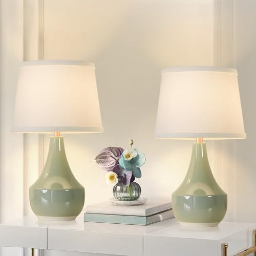 GyroVu Table Lamp Set of 2, 18.63โ Ceramic Table Lamp Classic Beside Lamps Nightstand Lamp Modern Lamp for Living Room, Bedroom & Office Rocker Swtich Sage Green-LED Bulbs Included