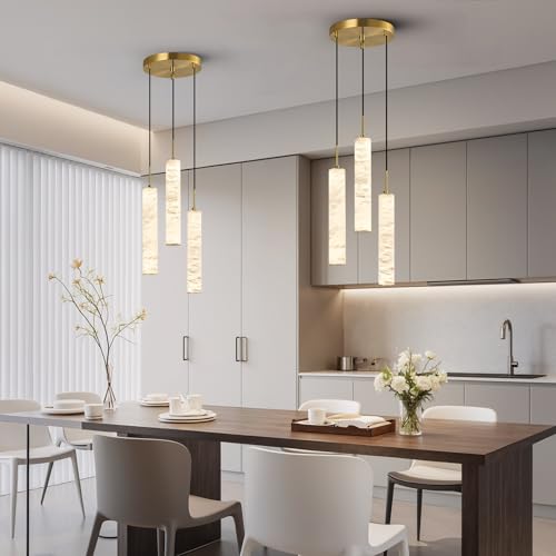 Image of LMQNINE Natural Alabaster Pendant Lights for Kitchen Island White Marble Long Tube Chandelier 4000K Modern Black Ceiling Light Fixtures for Bedroom Dining Room Table Living Room Hallway(M-3Light)