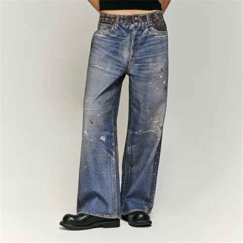 Men Retro Washed and Worn Loose Jeans Street Straight-Leg Trousers3
