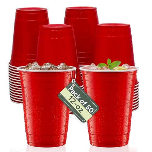 Zuvo Red Party Cups - 12oz Plastic Disposable Cups (Pack of 50) - Durable Red Plastic Cups for Events Picnics & Parties - Recyclable & Easy to Use - Classic Design