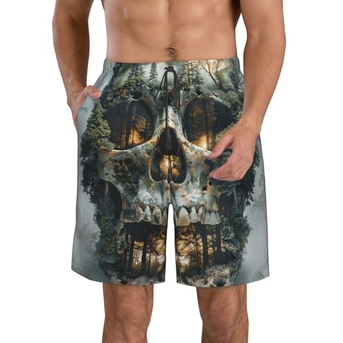 Men's Quick Dry Swim Shorts Skull Fantasy Tree Forest Style Beach Trunks with Pockets