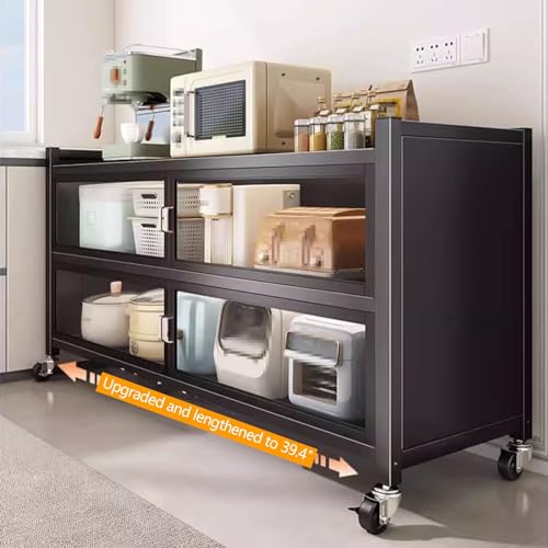 Support mobile pour micro-ondes noir avec portes de rangement