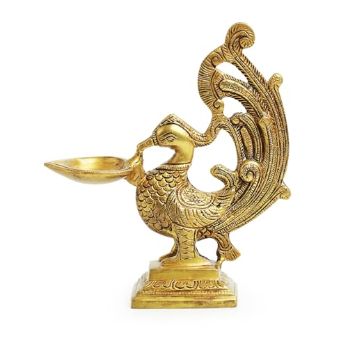 Image of ExclusiveLane 'Marvellous Peacock' Brass Table Diya for Puja Room Mandir (Pure Brass, 7 Inch, 0.8 Kg) | Hand-Etched Ghee Diya for Puja Aarti Diyas Table Diyas for Home Decoration