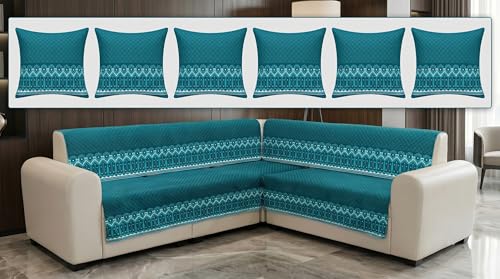 Image of Luxury Sofa Cover L Shape 6 Seater with Matching Cushion Cover 16x16 inch - Turquoise Diamond 3+3 Seater (6 Seater) Quilted Sofa Cover Set Pack of 11, Washable, Turquoise