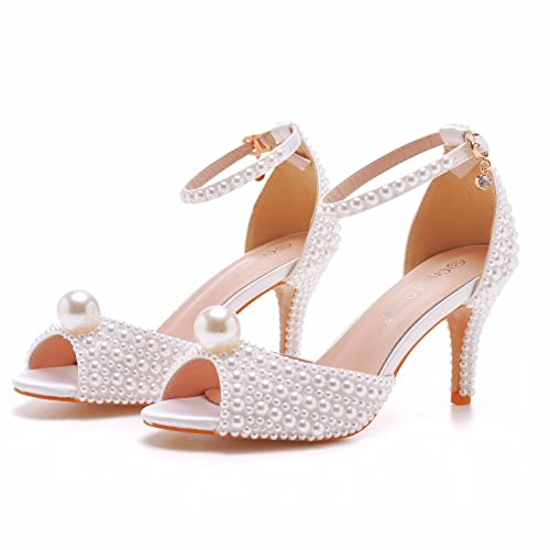 Crystal Queen 3 inches Stiletto Heels Pearls Sandals Peep Toe Bride Wedding Party Dress Shoes Women's Ankle Strap Sandals3