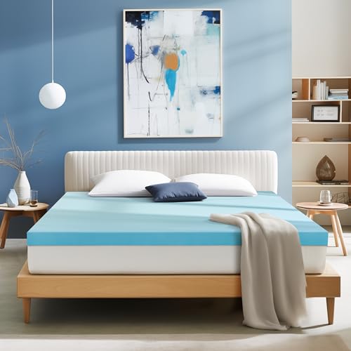 SUBRTEX 4 Inch Memory Foam Mattress Topper Ventilated Gel Infused Bed Foam Topper for Pressure Relieving, CertiPUR-US Certified, King, Blue