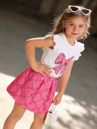Image of Azmxynol Toddler Girls Clothes Cap Sleeve T-Shirt + Bowknot Print 2pcs Summer Shorts Outfit Set For Girls, Size 4-8 Years