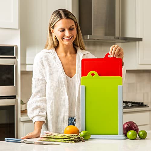 Plastic Cutting Boards For Kitchen - Colorful Flexible Cutting Mats For Cooking With Ventilated Storage Stand - Anti-Skid Bpa-Free Chopping Mats For Fruits, Vegetables, Meats, Seafood & More - 4 Pack #TOP1