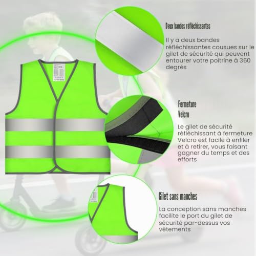 AYBUY Gilet de Haute Visibilité pour Enfants, 2 Pièces Gilet Fluorescent de Sécurité, Gilets de Signalisation Haute Visibilité Bandes Parallèles (S, Vert fluorescent) – vue 3