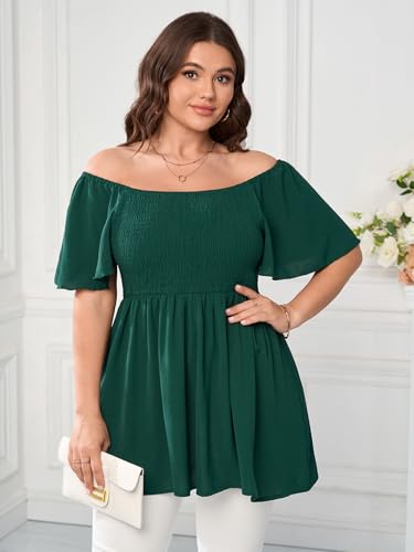 Women's Plus Size Dressy Tops Square Neck Short Sleeve Smocked Peplum Blouse Tops Shirts3