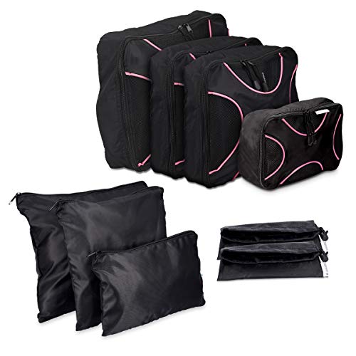 Preisvergleich Produktbild Navaris Koffer Packtaschen Set 9-teilig - Kleidertaschen Schuhbeutel Wäschebeutel Reise Gepäck Organizer - Travel Packing Cubes Schwarz Pink