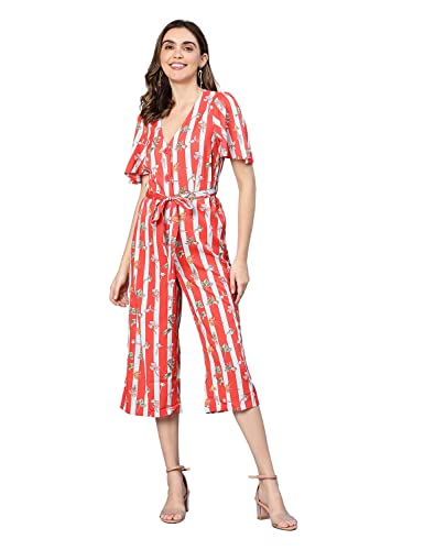 Image of oxolloxo Women Stripe & Floral Print Tie-Knotted Polyester Jumpsuit